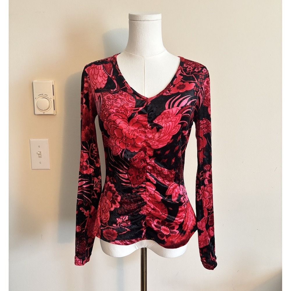 Vintage Y2K Whimsigoth Romantic Velvet Top Black Red Floral Gothic Small Stretch